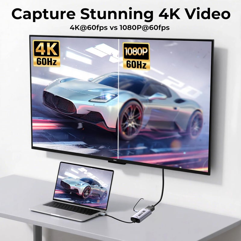 Guermok 4K USB3.0 Video Capture Card with PD 100W, 4K@60FPS or 2K@144FPS HDMI to USB-A/C Capture Card for Streaming, Works with Pad, Tablet, MacOS, Switch2/1, Laptop, PC, Camera, VR, Silver - Image 5